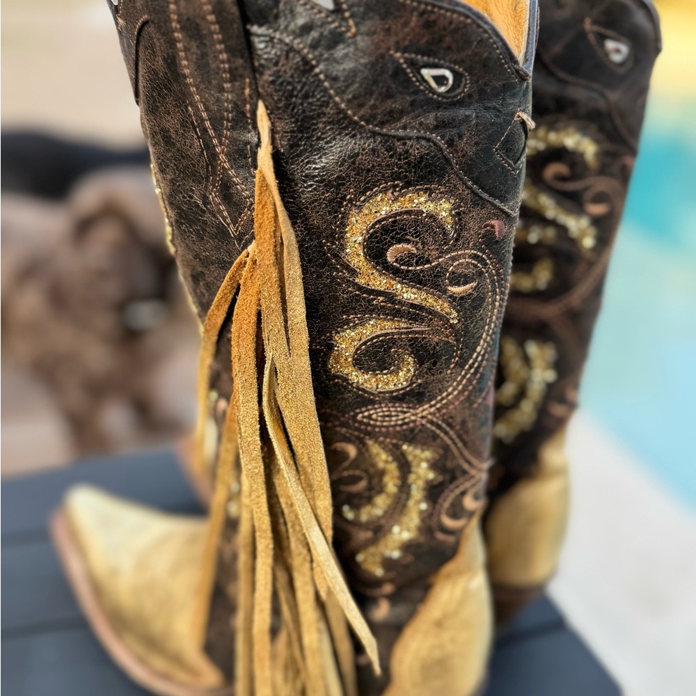 Custom Corral Elegant Gold and Brown, glittered, rhinestone Heeled Boots - Picture 9 of 13